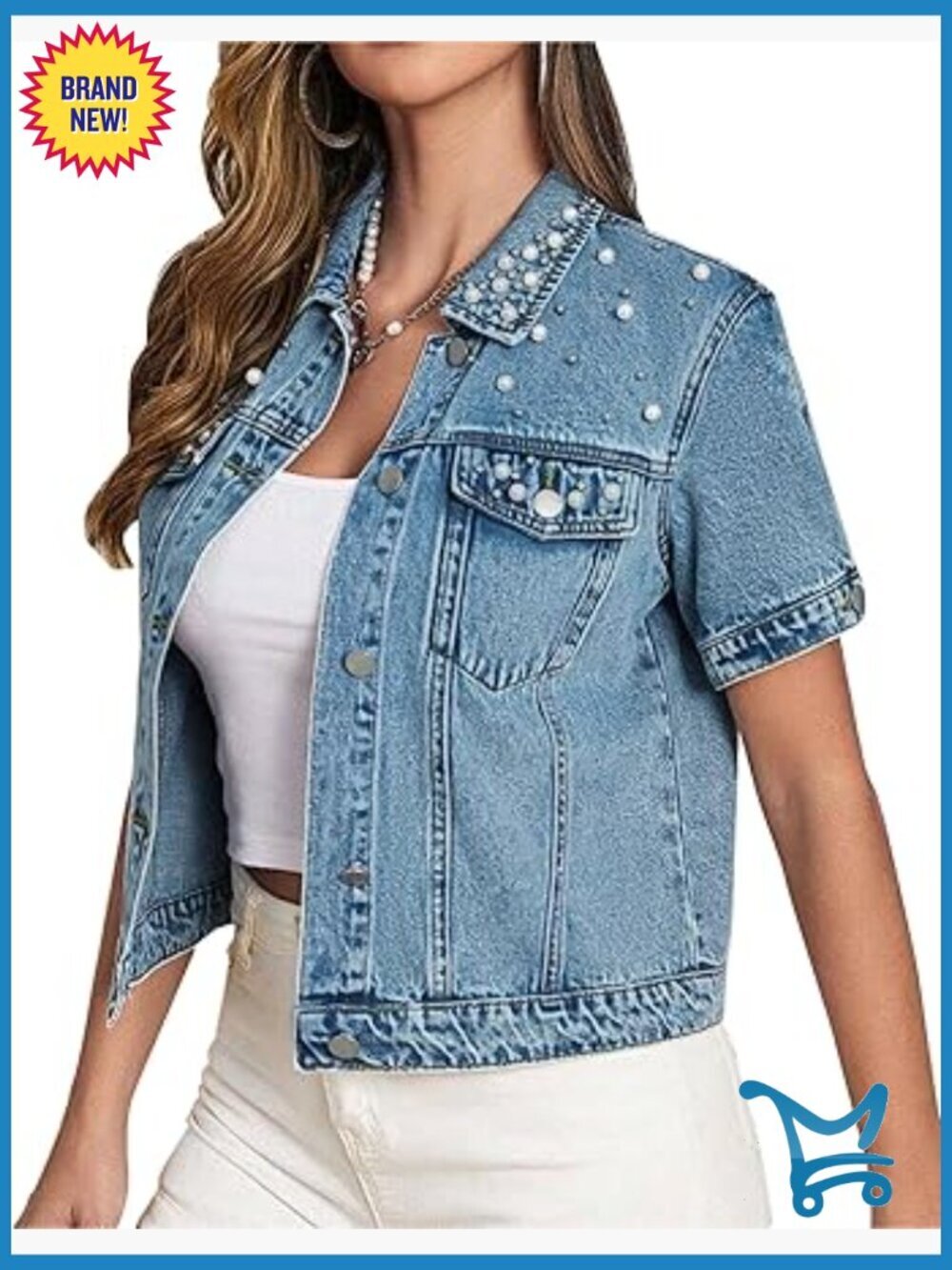 Cropped Denim Jacket with Pearl Accents Short Sleeve Jean Coat